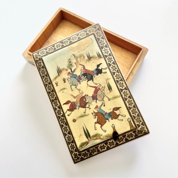 Vintage Persian Khatam Marquetry Polo Players Trinket Jewelry Box 6.5”x 4” - Picture 1 of 14